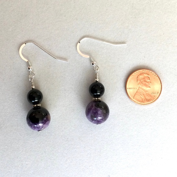 NWT Black Jade, Charoite & Sterling Earrings - c 40 tcw Natural Mineral Gems - Picture 4 of 6